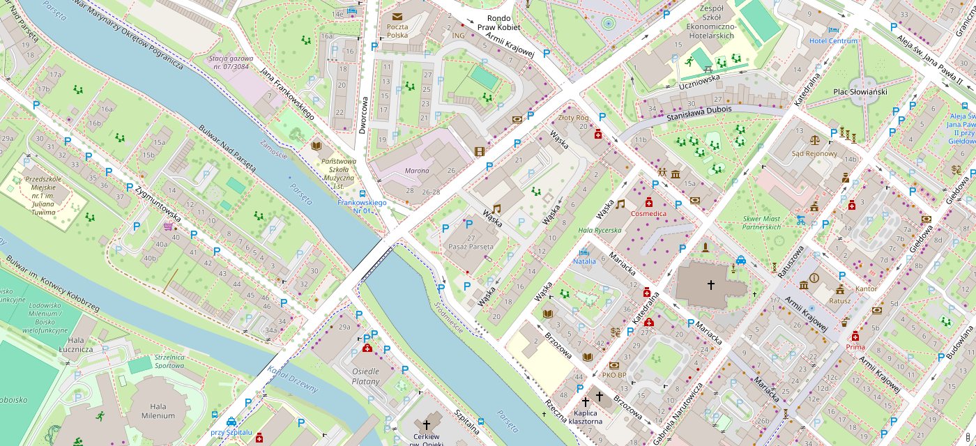 Mapa okolicy: Parking Pasaż Parsęta przy ul. Łopuskiego 27 w centrum Kołobrzegu